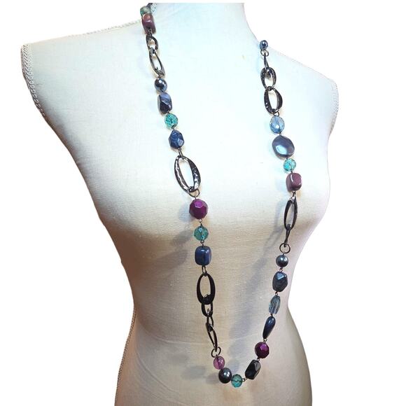 Lia Sophia Long Beaded Necklace Gunmetal Tone Multi Color Glass Acrylic Beads - Picture 2 of 7